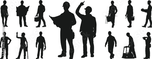 Construction worker and engineer silhouettes with tools blueprints supervision teamwork industrial professions isolated on white background vector illustration