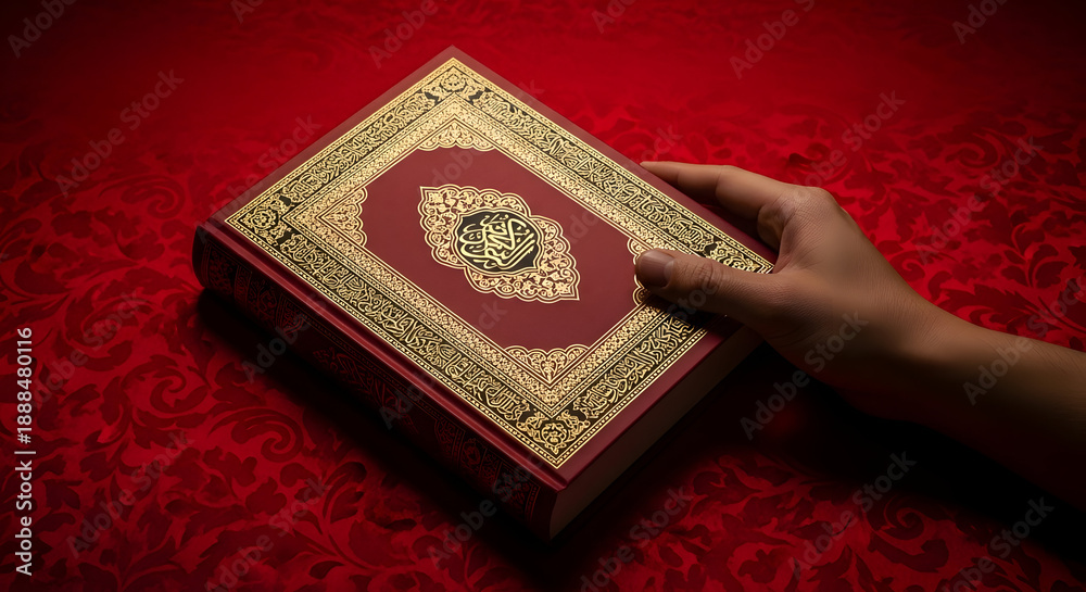 Fototapeta premium Hand holding red and gold holy book on patterned fabric