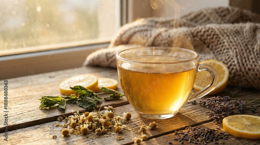 Fototapeta premium Steaming herbal tea in glass cup on rustic wooden table next to window