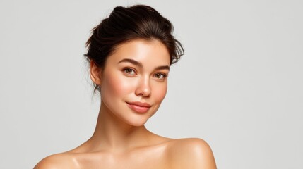 Portrait of a young woman with natural makeup and radiant skin, showcasing beauty, confidence, and elegance against a neutral background for lifestyle branding