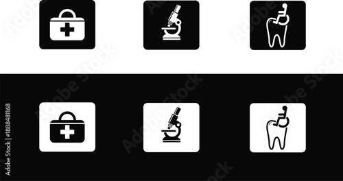 icons Set of medical and dental icons including first aid kit microscope and tooth symbol flat design elements for healthcare and science applications isolated on black and white backgrounds
