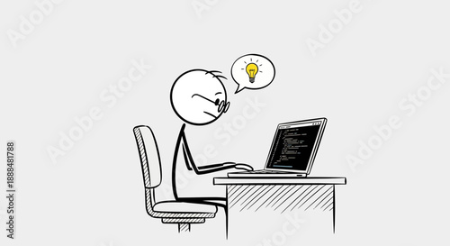 Stick figure programmer working on a laptop and having a brilliant idea.