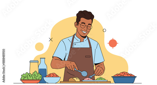 Skilled male chef in glasses and an apron focused on preparing a variety of healthy ingredients for a delicious meal.