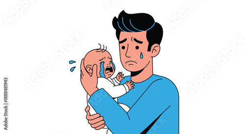Worried father cradling his crying infant baby with tears streaming down both their faces in an emotional moment of parenting.