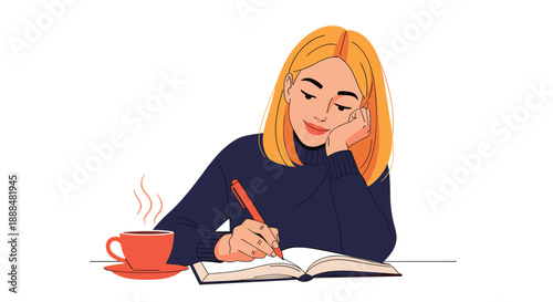 Relaxed young woman with blond hair leaning on her hand and writing in a journal while enjoying a hot cup of coffee.