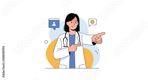 Professional female doctor in a white lab coat with a stethoscope around her neck smiling and pointing towards the right side.