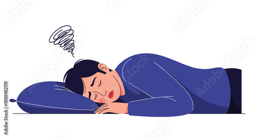 Exhausted man sleeping on a pillow with a troubled expression and a stress swirl above his head indicating poor rest.