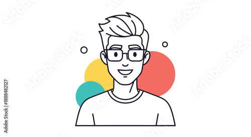 Friendly young man with stylish hair and glasses smiling warmly against a background of colorful circular shapes.