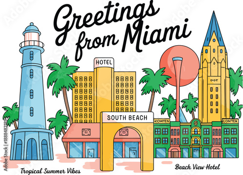 Colorful Miami Beach Scene with Lighthouse and Hotels