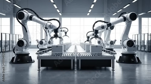 Robotic arms working on a conveyor belt in a factory