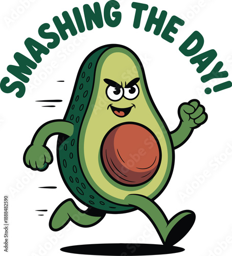 Animated green avocado character running with fists raised