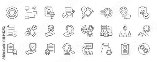 SOP (Standard Operating Procedure) collection set. Containing process, guidelines, workflow, compliance, documentation, efficiency, consistency, quality, procedure, policy icon and more.