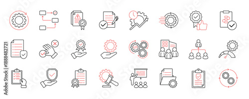 SOP (Standard Operating Procedure) collection set. Containing process, guidelines, workflow, compliance, documentation, efficiency, consistency, quality, procedure, policy icon and more.