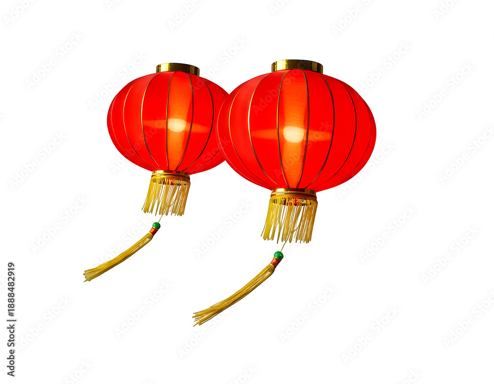 Obraz premium Pair of traditional Chinese red lanterns with golden tassels isolated on transparent background, festive decoration for celebration