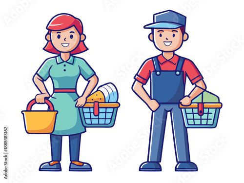 Vector flat illustration set of line art female and male laundry service workers in uniform poses