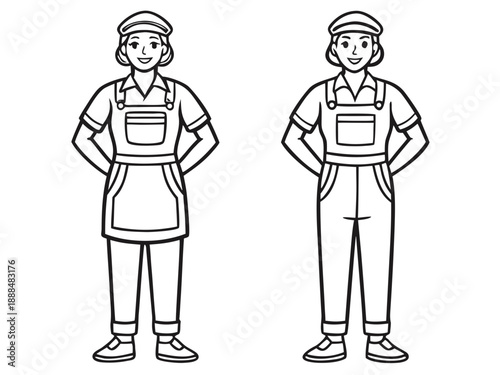Vector flat illustration set of line art female and male laundry service workers in uniform poses