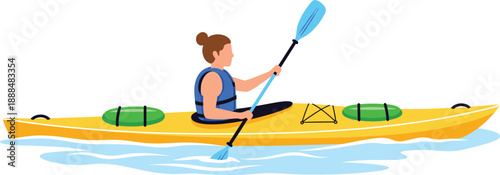 Woman kayaking on water in yellow canoe with paddle wearing life jacket outdoor sport recreation flat vector illustration