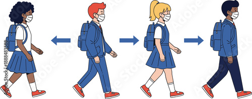 School students wearing face masks walking with backpacks and social distancing arrows pandemic safety education flat vector illustration