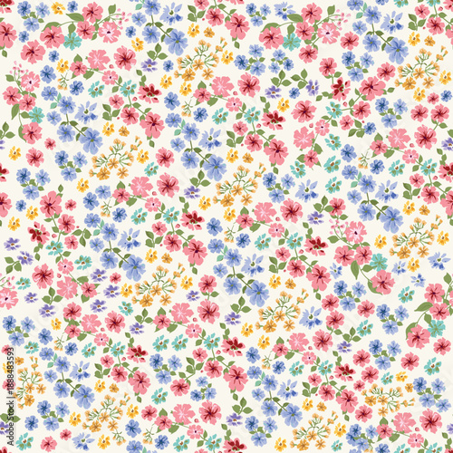 Seamless Ditsy Floral Pattern  Vintage Hand-Drawn Spring Meadow Flower Background