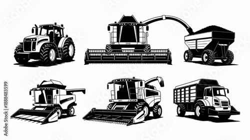 Collection of agricultural machinery in black and white illustration