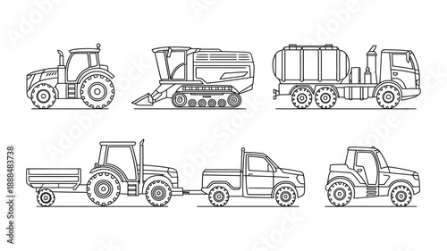 Collection of agricultural vehicles and machinery line art illustrations