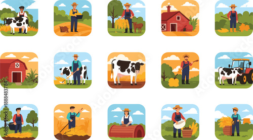 Farmer agriculture icon set with cows barns crops harvesting tractor and rural countryside scenes in colorful flat vector illustration