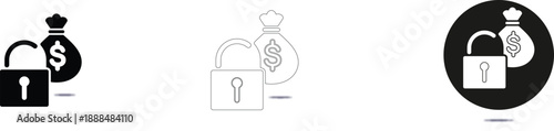 icons Open padlock and money bag icons symbolizing financial security and unlocked investment opportunities vector graphics for business concepts