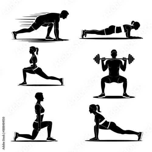 Illustrations of various fitness exercises for a workout routine