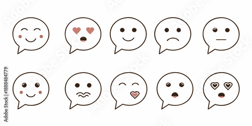 Collection of cute hand drawn emoticon faces within speech bubbles