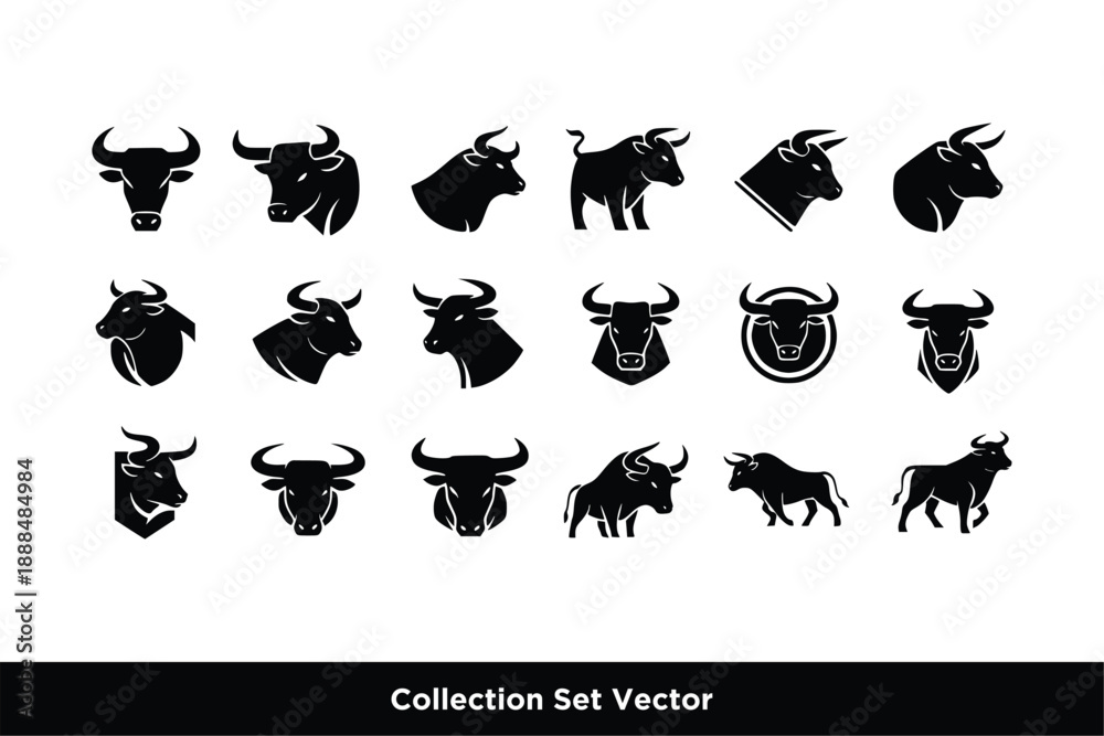 Fototapeta premium Bull Cow Icon Set Vector, Farm Animal and Livestock Wildlife Symbols