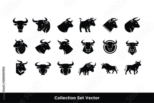 Bull Cow Icon Set Vector, Farm Animal and Livestock Wildlife Symbols