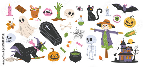 happy halloween set of isolated design elements hand drawn