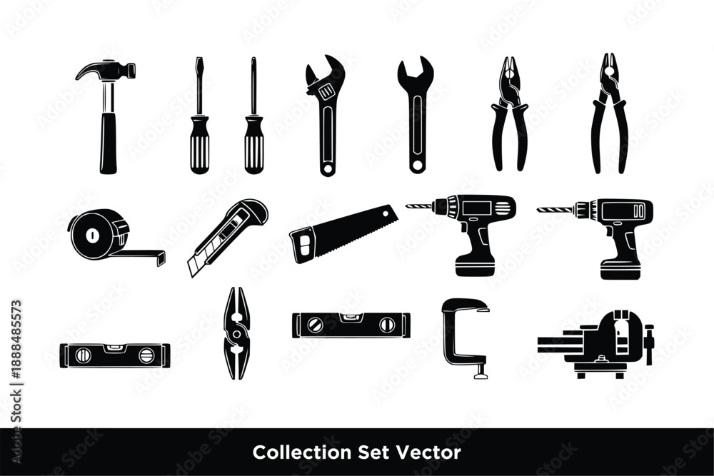 Fototapeta premium Hardware Tool Icon Set Vector, Construction Repair and DIY Equipment Symbols logo