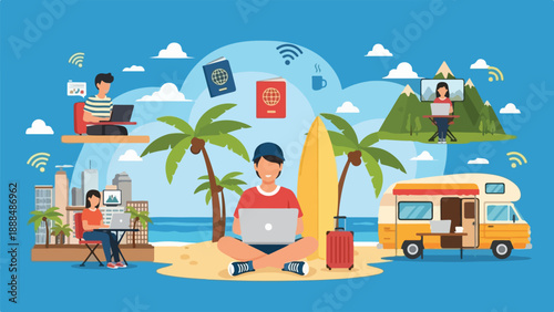 Remote workers on beach with laptop