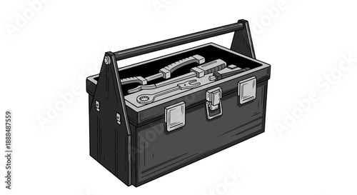 Black metal toolbox filled with various tools and wrenches.