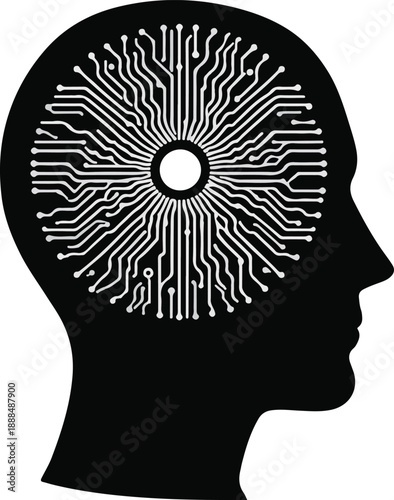 Human head profile silhouette with a circular circuit board pattern symbolizing the brain technology