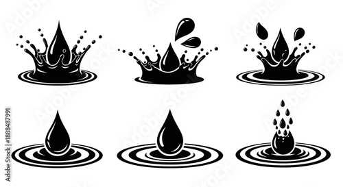 Black Ink Drops Splashing on Water Surface Set.