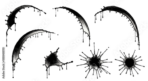Black liquid splashes and drips isolated on white background.