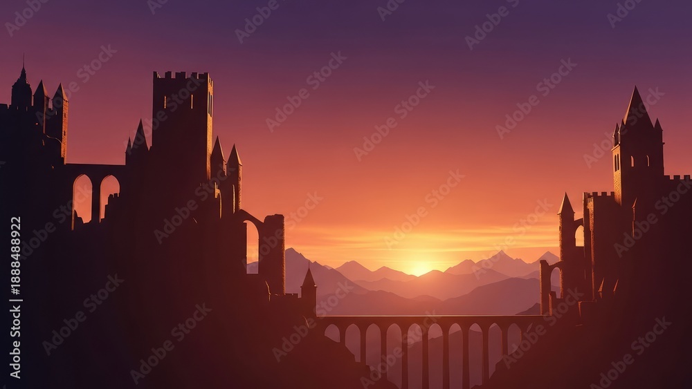 Obraz premium A breathtaking sunset in Venice, Italy, and Prague showcases the European city architecture with silhouettes of a castle and cathedral against a vibrant orange dusk sky