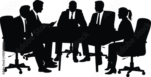 Corporate meeting silhouettes, business team seated, professional discussion scene, formal attire, tablet usage, teamwork concept, communication illustration