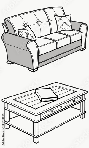 Elegant Living Room Furniture Sofa and Coffee Table Illustration.