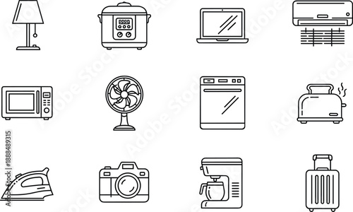 Home Appliances and Electronics Line Icons Set Featuring Kitchen Gadgets, Climate Control, Computing Devices, and Domestic Laundry Equipment Symbols.
