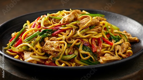 Chicken lo mein noodles with colorful vegetables are piled high on a simple black plate.