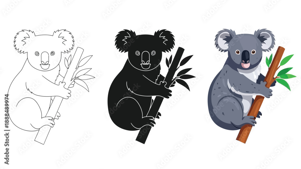 Obraz premium Collection of three stylized koala bear icons depicting outline silhouette and full color flat illustration versions clinging to a branch