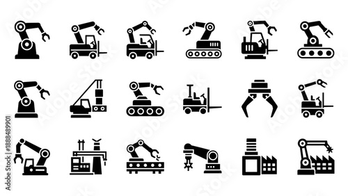 Set of robotic machinery icons in black and white, illustrating industrial automation and technology