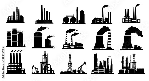 Factory, power plant industrial icons. Factory, power plant, oil refinery and oil processing plant industrial icon. Transparent background PNG version.