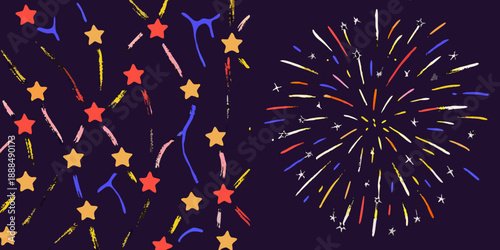 Colorful fireworks display with stars against a dark purple background