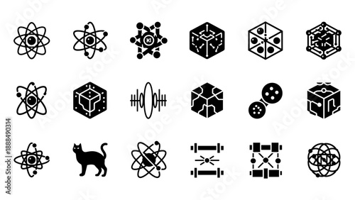 Collection of geometric shapes and icons representing various scientific and abstract concepts illustrated in a minimalist style