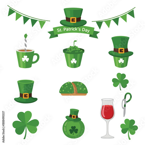 St. Patrick's Day festive icons with green hats