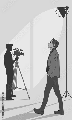 Man on Set Filming with Camera and Lighting.